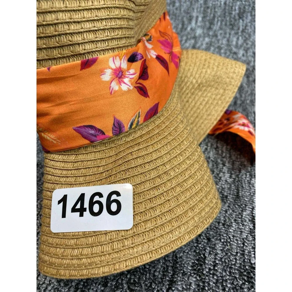 Steve Madden Straw Sun Hat Orange Floral Scarf Tie Wide Brim Floppy Beach Resort